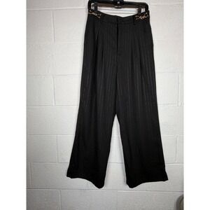 NWT MOTF Black Pinstripe Wide Leg Pleated Trousers Women Medium Dress Pant